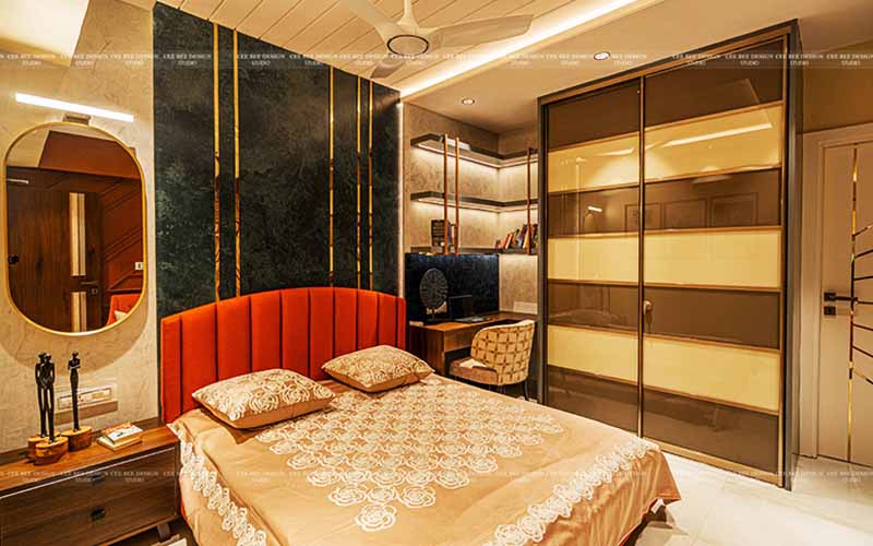 a beautiful bedroom with luxury vibe and bed with furniture and wardrobe
