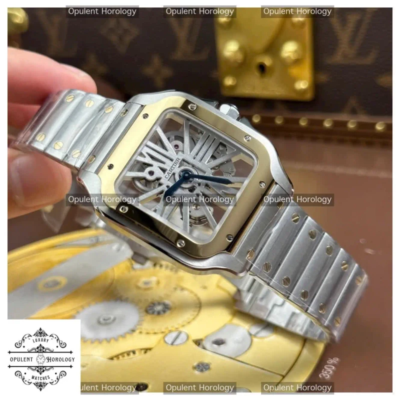 Cartier Santos Skeleton Replica Watch | 39.8mm Two-Tone Yellow Gold Bezel Metal Bracelet