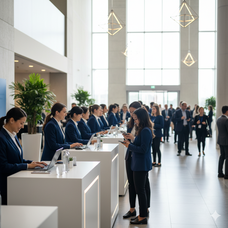 Высокие стойки регистрации для быстрой встречи гостей конференции