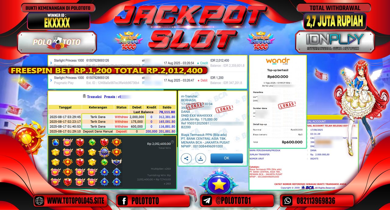 POLOTOTO JACKPOT SLOT STARLIGHT PRINCESS 1000 Rp.2.775.000,-