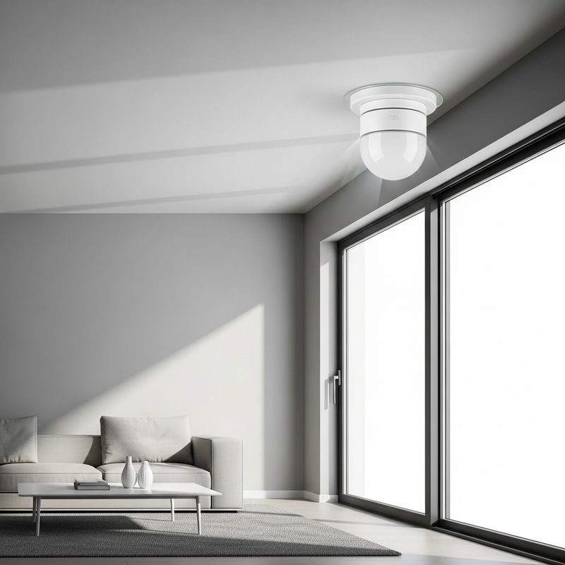 Glass break sensor mounted on ceiling to detect sliding door glass breakage instantly