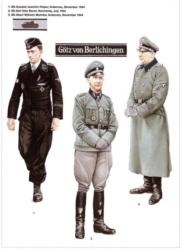 1 SS Ostubaf Joachim Peiper. Ardenas, diciembre de 1944. 2 SS-Staf Otto Baum, Normandía, julio de 1944. 3 SS-Oberf Wilhelm Mohnke, Ardenas, noviembre de 1944