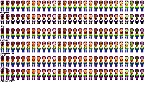 a row of people with pride flag shirts and darker pink hair