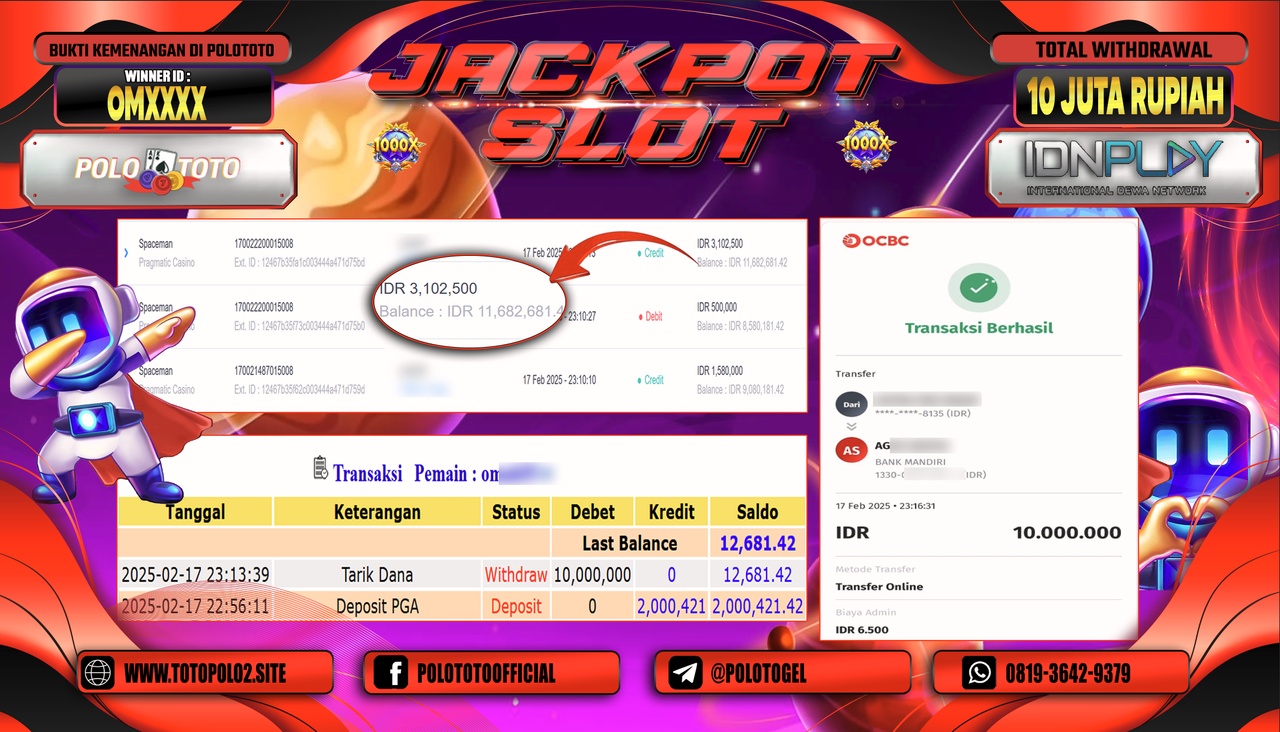 POLOTOTO JACKPOT SLOT SPACEMAN Rp.10.000.000,-