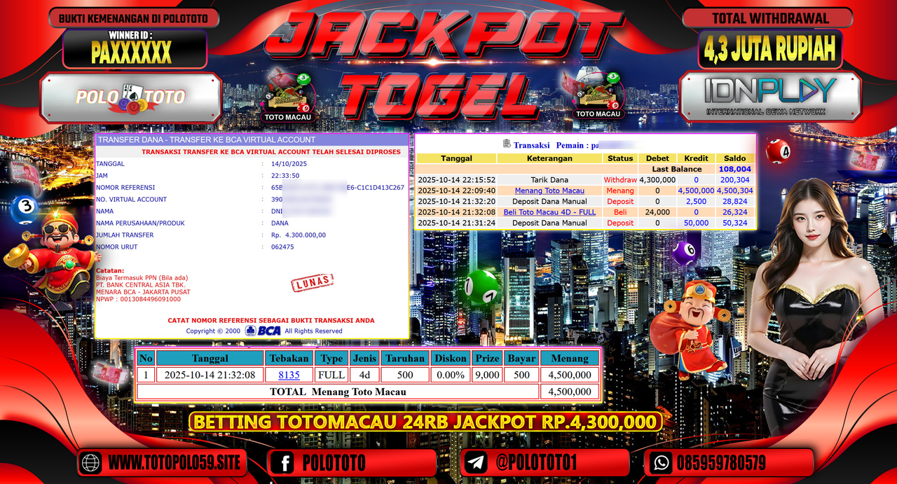 POLOTOTO JACKPOT TOGEL TOTO MACAU Rp.4.300.000,- LUNAS