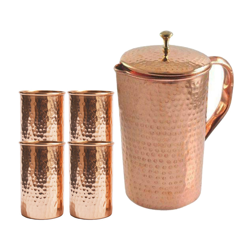 Jarra martillada de cobre puro con vaso de vidrio para servir agua beneficios para la salud regalos - Imagen 3 de 4