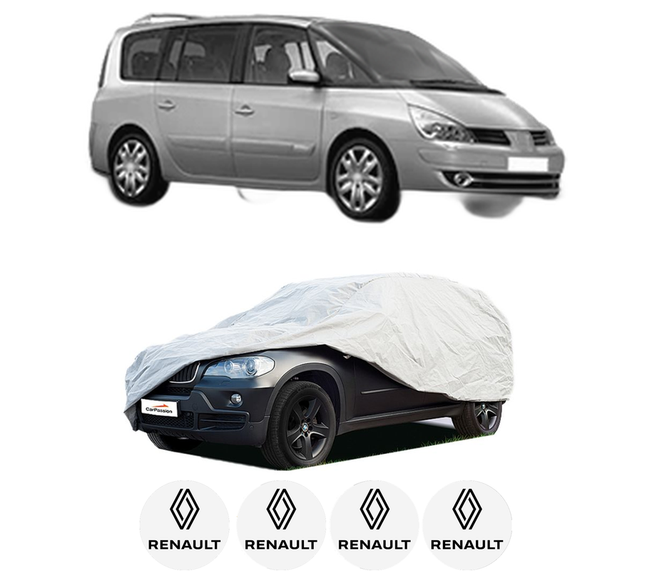 Husa tip prelata auto pentru RENAULT ESPACE IV (JK0/1_) din 2002-2015, Culoare Gri, material textil impermeabil, rezistanta la intemperii praf UV, CARPASSION Husa Protectie, 4 Stickere auto cu RENAULT