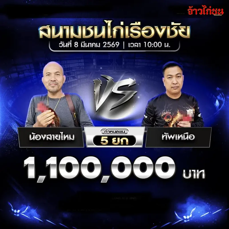 โปรแกรมไก่ชน น้องสายไหม vs ทัพเหนือ สนามชนไก่เรืองชัย 8 มีนาคม 2569