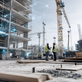 construction site with workers and a crane, overlaid with digital data representing smart building technology