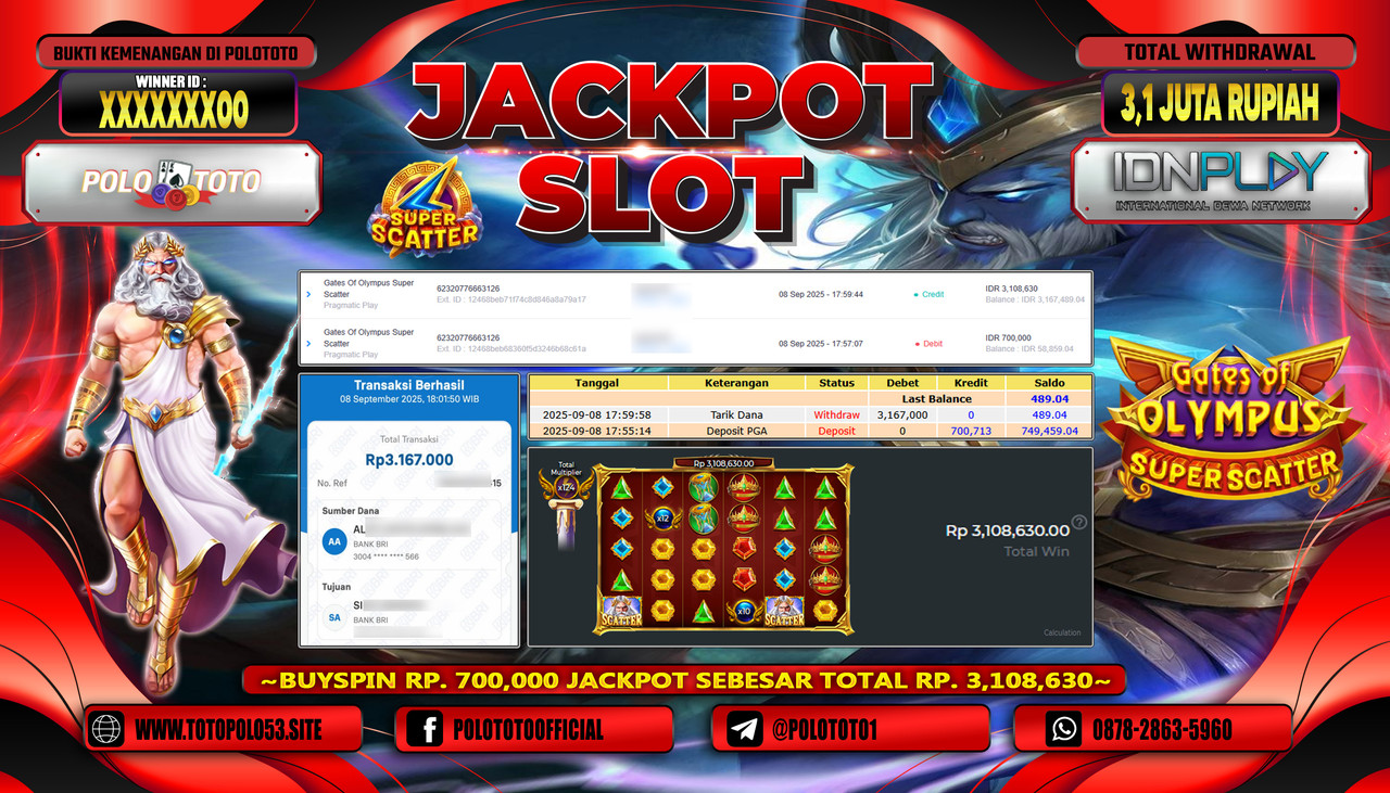 POLOTOTO JACKPOT SLOT GATES OF OLYMPUS SUPER SCATTER Rp.3.100.000,- LUNAS