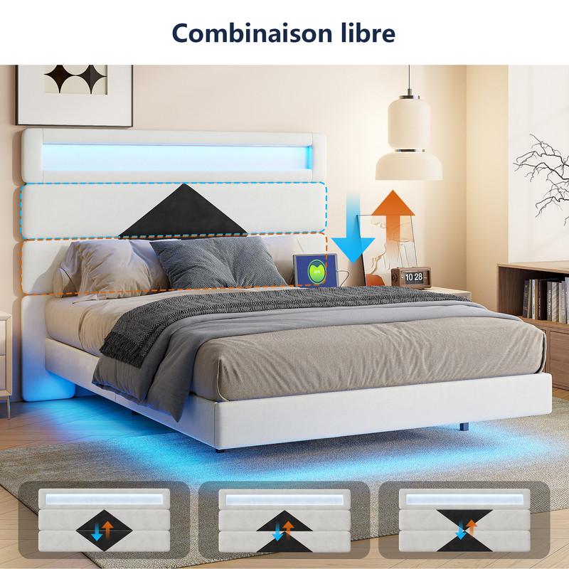 Lit 140 x 190 cm avec LED et USB