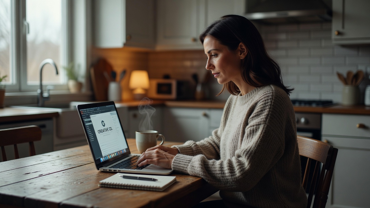 A person working on a laptop at a kitchen table, representing a home-based side hustle.