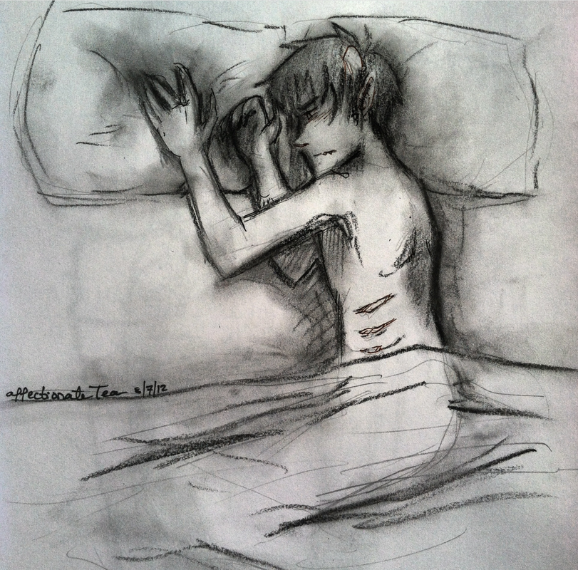 sketch of karkat laying in bed, frowning moodily, his hand resting on an empty pillow.