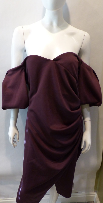 ASOS WOMENS SWEETHEART NECK WRAP TUCK OFF THE SHOULDER MIDI DRESS IN PLUM  SZ 14