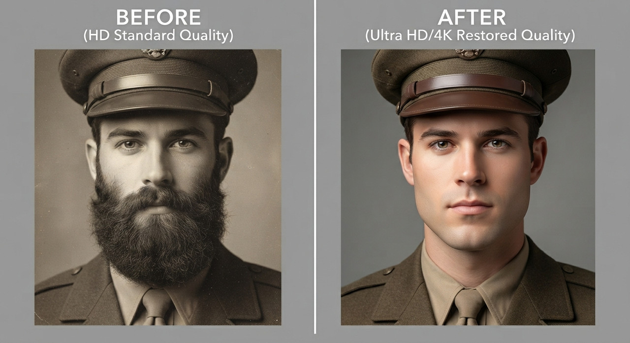 AI-generated example result for the upscaling prompt: Clean Shave Beard Removal Edit AI Prompts for Image Upscaling by Prompt Craft