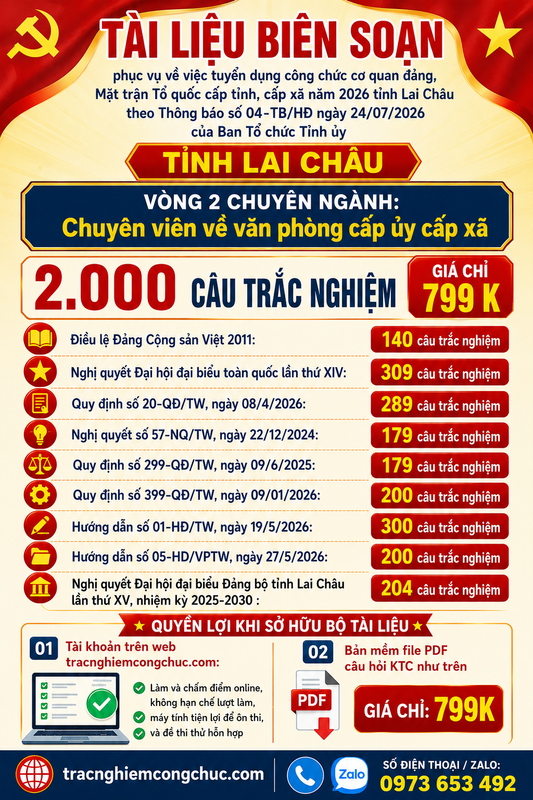 2.000 câu trắc nghiệm thi công chức Lai Châu: Chuyên viên về văn phòng cấp ủy cấp xã (Vòng 2)