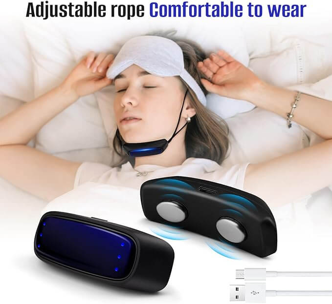 Dispositivo antirronquidos inteligente con su correa ajustable para la barbilla.