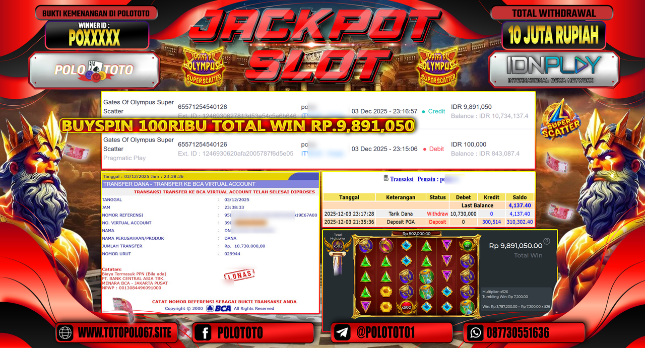 POLOTOTO JACKPOT SLOT GATES OF OLYMPUS SUPER SCATTER Rp.10.000.000,- LUNAS
