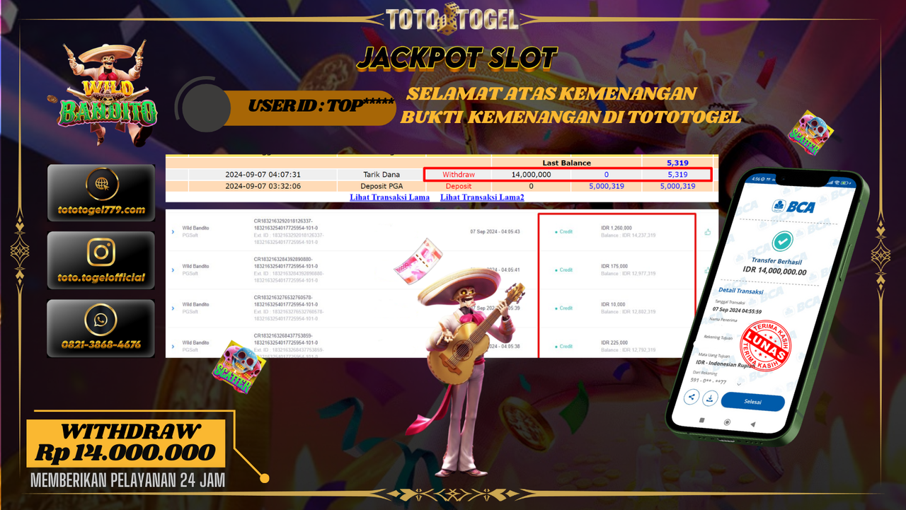 Bukti Kemenangan Permainan Slot Wild Bandito  Dengan ID : TOP****  Terbayar Lunas!!