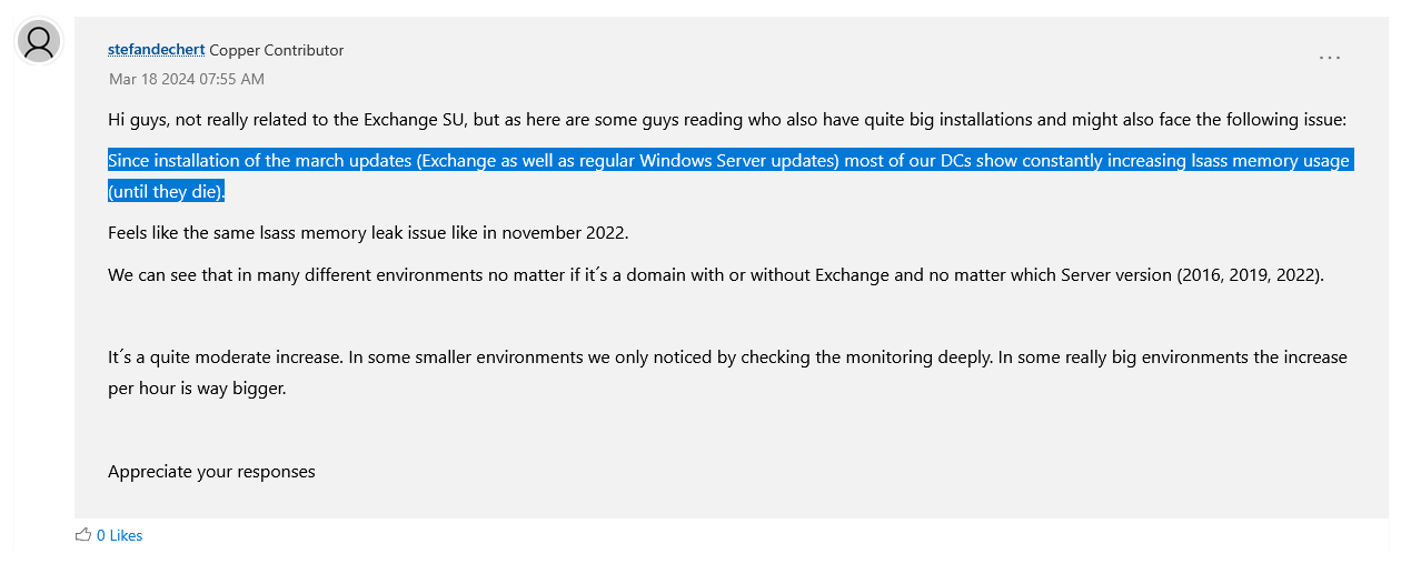 Memory leak in Lsass from March 2024 update Memory leak in Lsass from March 2024 update