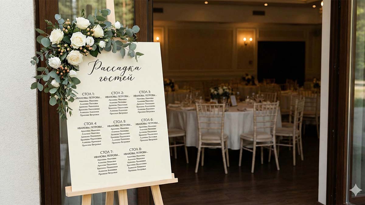 План рассадки гостей на мольберте при входе в зал