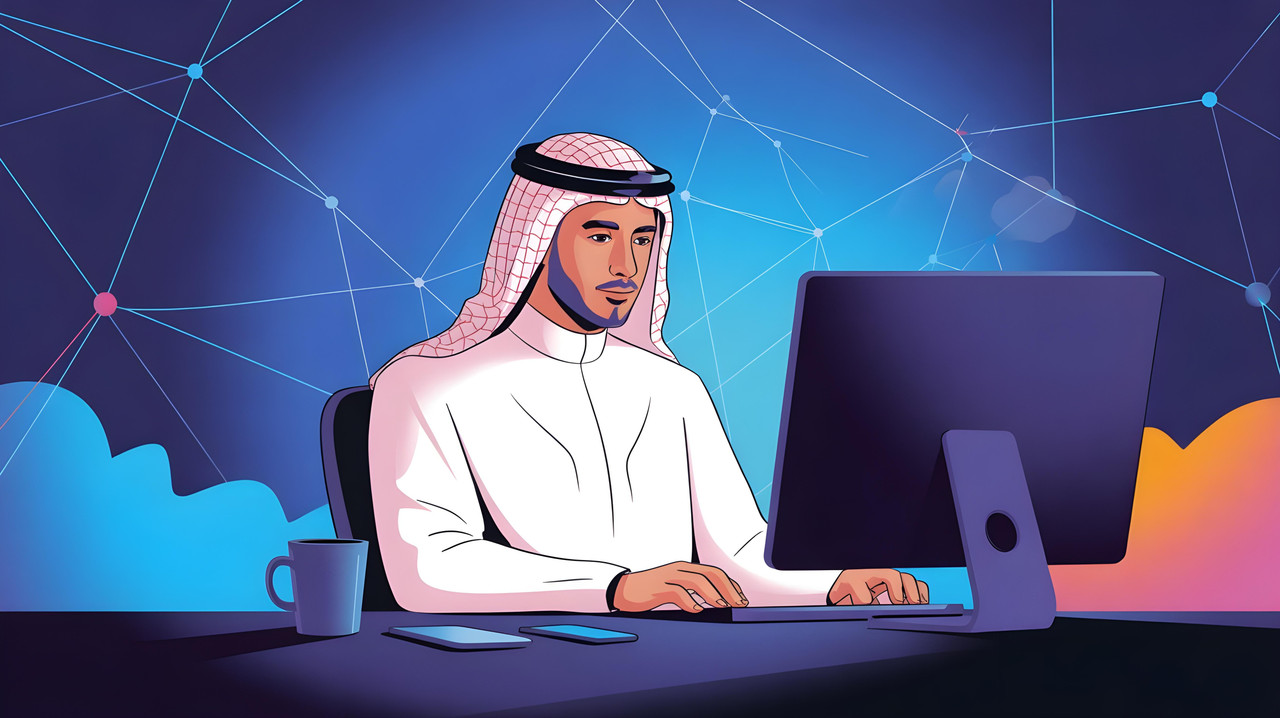 رجل سعودي يعمل على الكمبيوتر