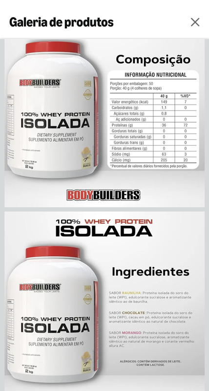 Tabela Nutricional Bodybuilders Whey Isolado