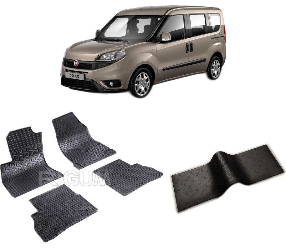 Set covorase auto FIAT DOBLO II din 2010-06.2022, cu covoras tunel median, CAROSERIE VAN 5 LOCURI, Presuri cauciuc 100%, compatibil cu autoturismul FIAT DOBLO II, Rigum