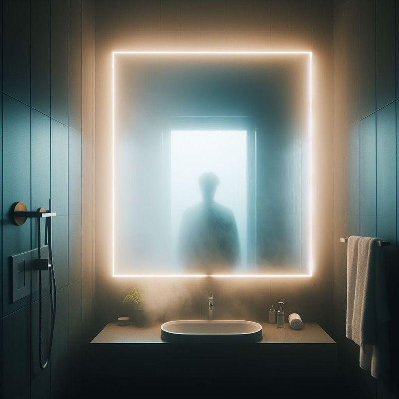 Sam in the mist of a bathroom mirror