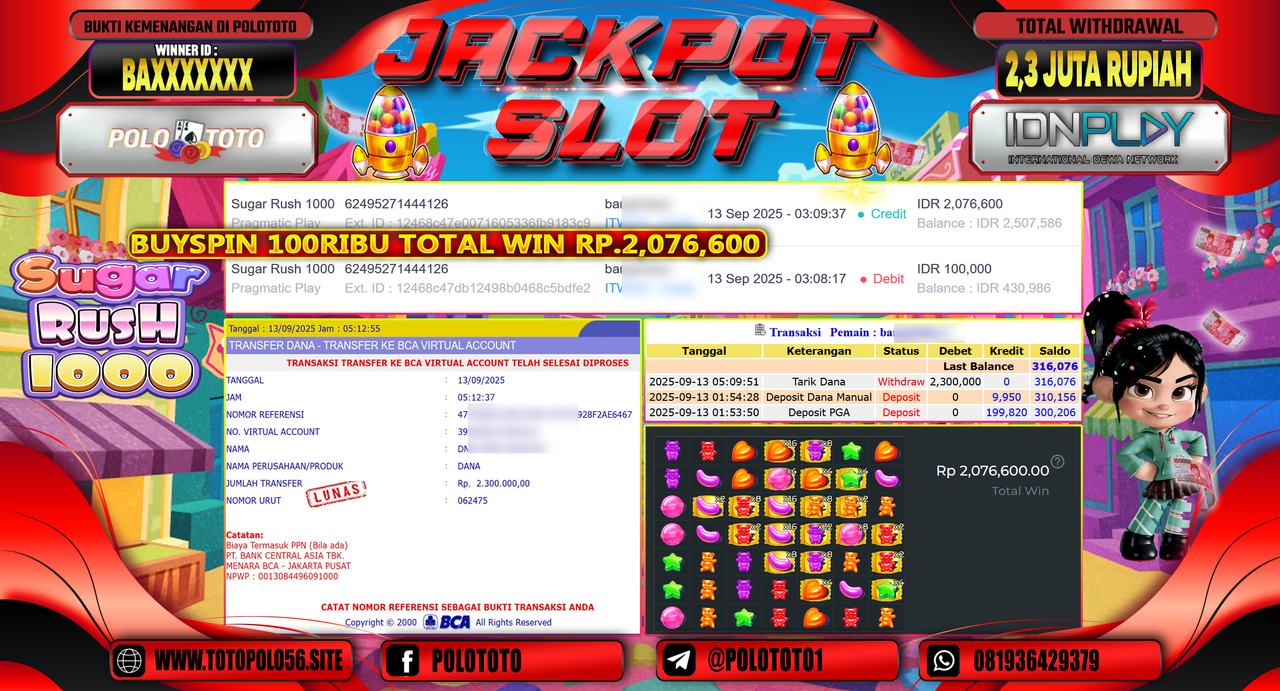 POLOTOTO JACKPOT SLOT SUGAR RUSH 1000 Rp.2.300.000,-