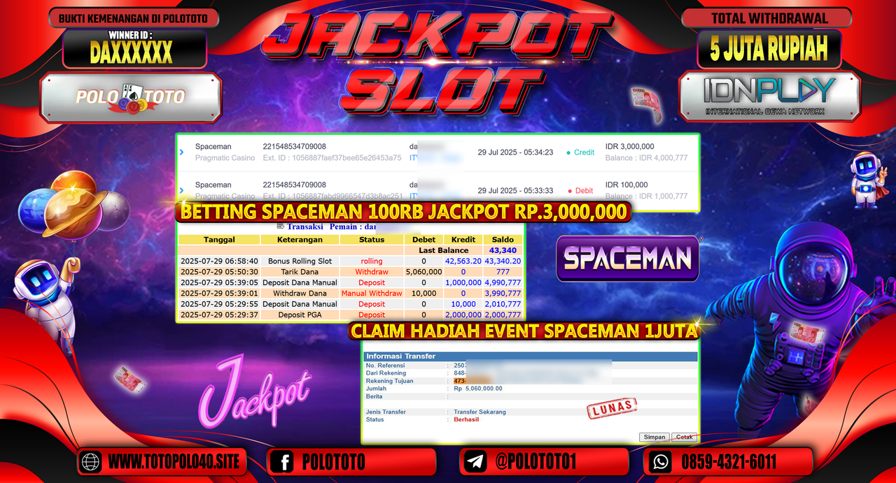 POLOTOTO JACKPOT SLOT SPACEMAN Rp.5.000.000,-LUNAS
