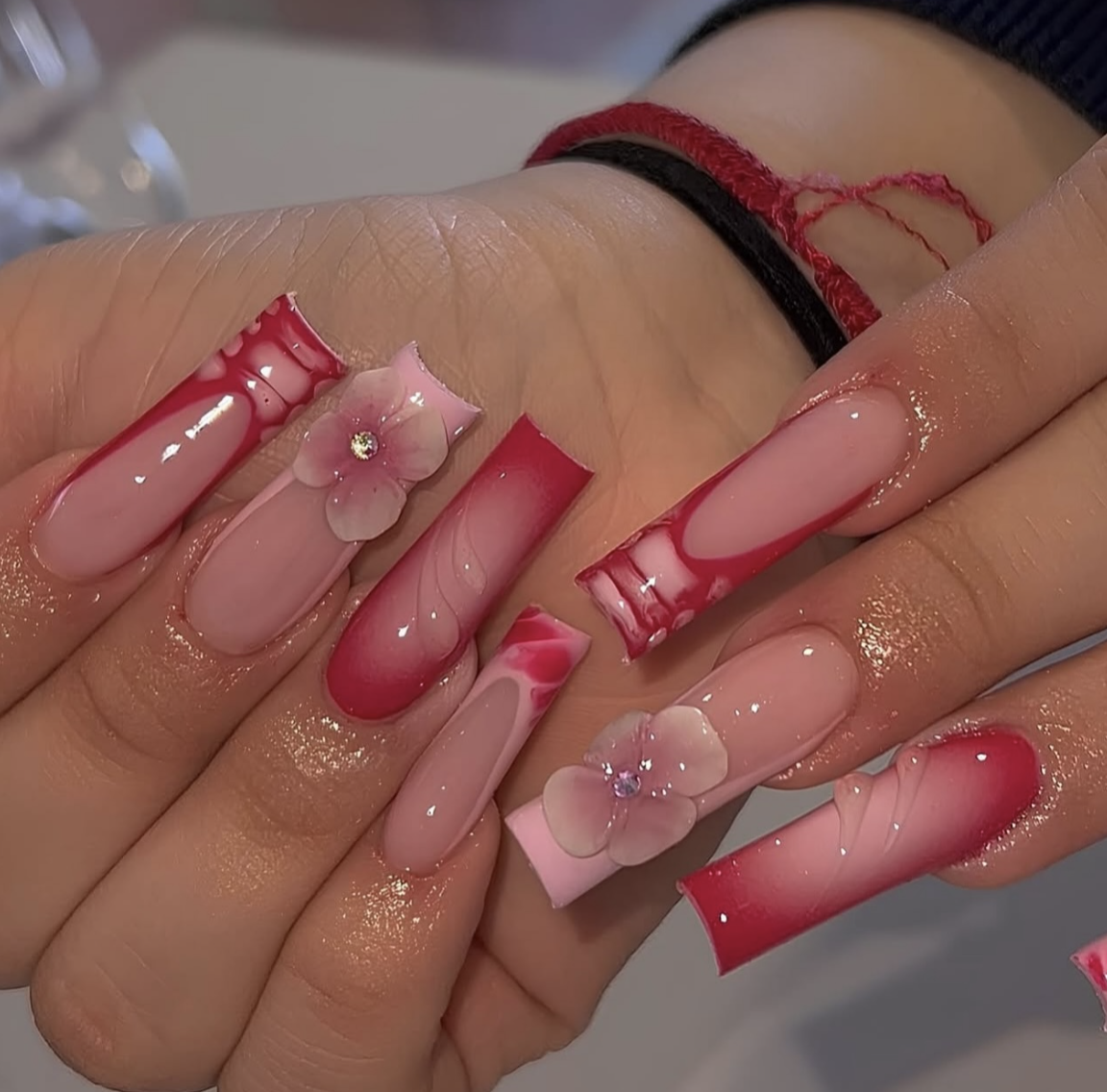 Close-up of detailed nude nail art