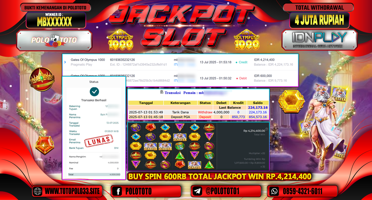 POLOTOTO JACKPOT SLOT GATES OF OLYMPUS 1000 Rp.4.000.000,-