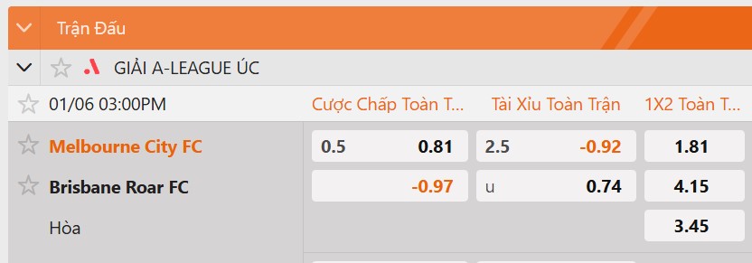 Tỷ lệ kèo Melbourne City vs Brisbane Roar