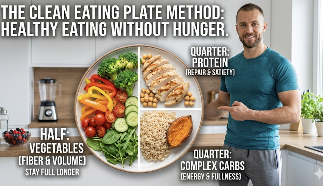 Clean eating plate method showing half vegetables quarter protein quarter complex carbs for healthy eating without hunger