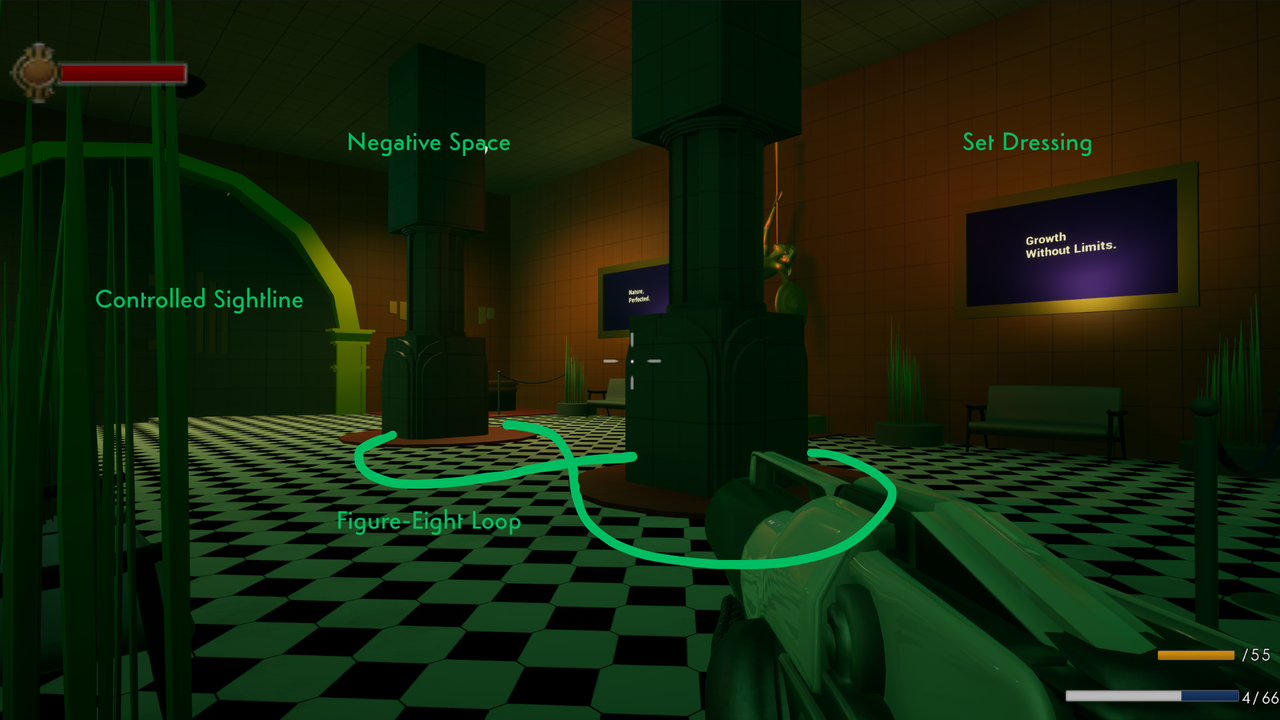 After: redesigned reception lobby with controlled sightlines, set dressing, negative space, and a figure-eight loop