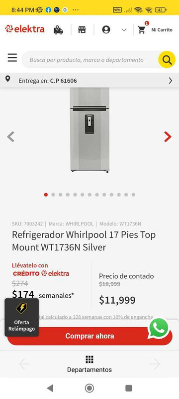 Elektra: Refrigerador Whirlpool 17 Pies Top Mount WT1736N Silver 