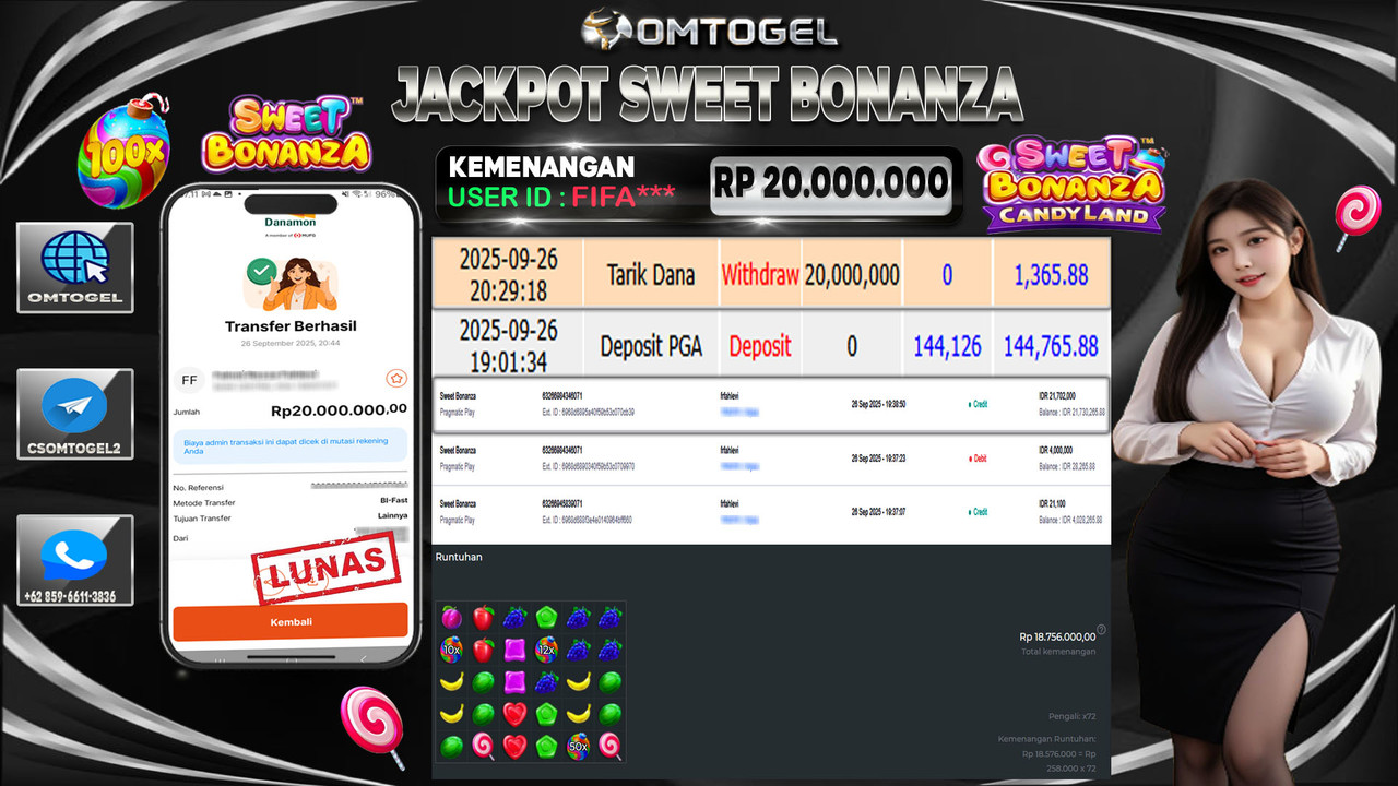 OMTOGEL JACKPOT PRAGMATIC PLAY SWEET BONANZA 20 JUTA DI BAYAR LUNAS ,-