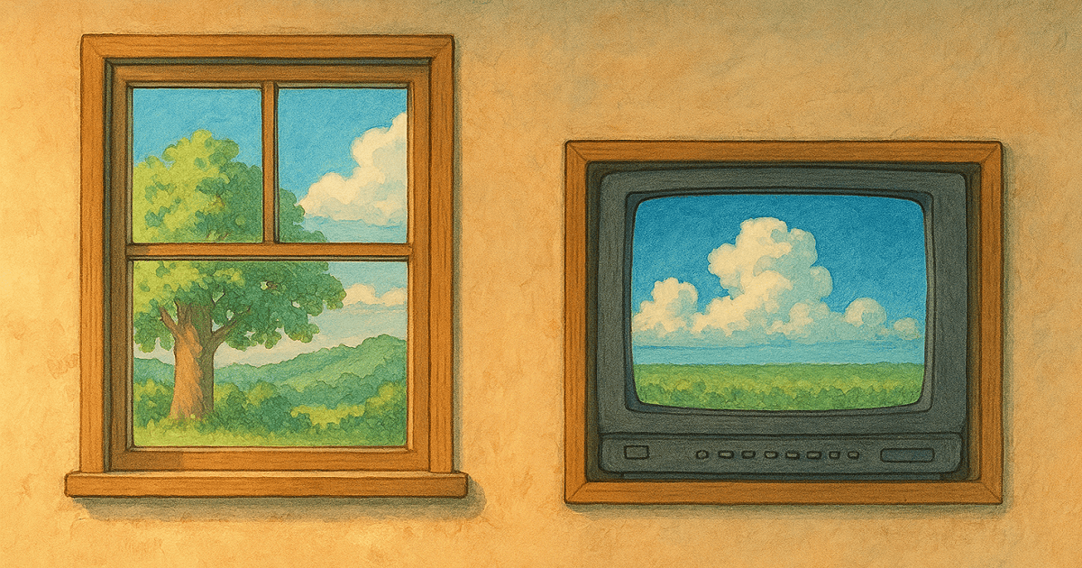 Una ventana de madera que muestra un paisaje exterior y un televisor CRT incrustado en la pared mostrando una escena similar