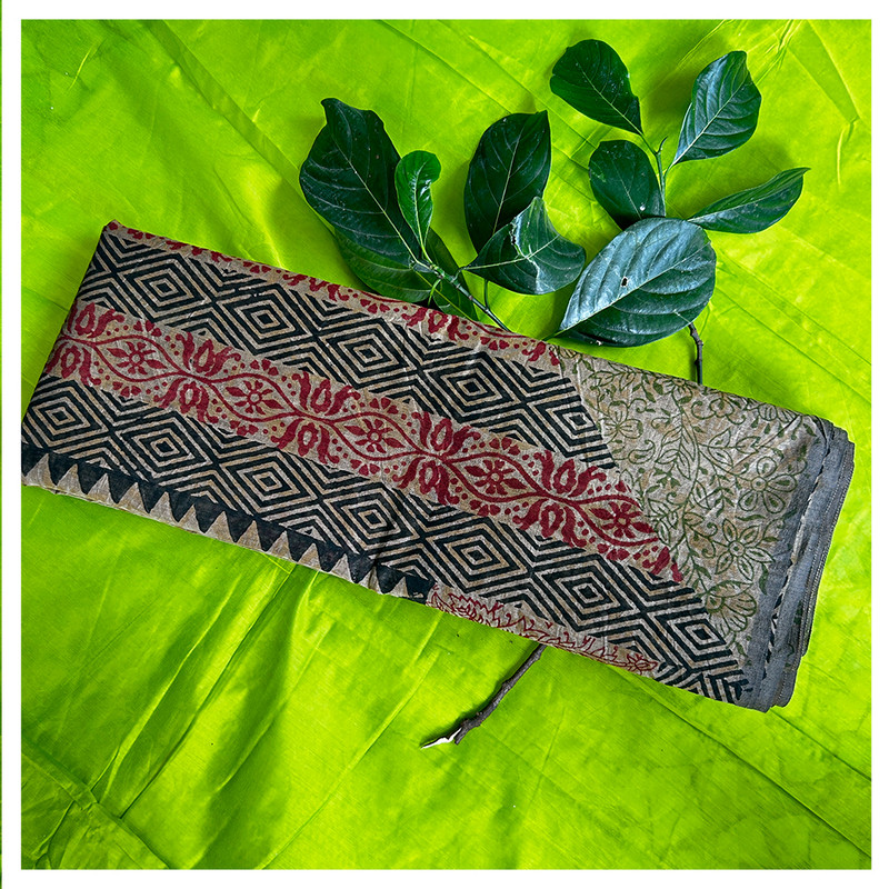 Hand Block Printed Biege Textured Saree with Red and Black Border