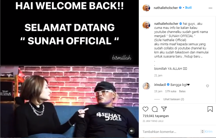 Nathalie Holscher ubah nama kanal YouTube nya menjadi Sunah Official