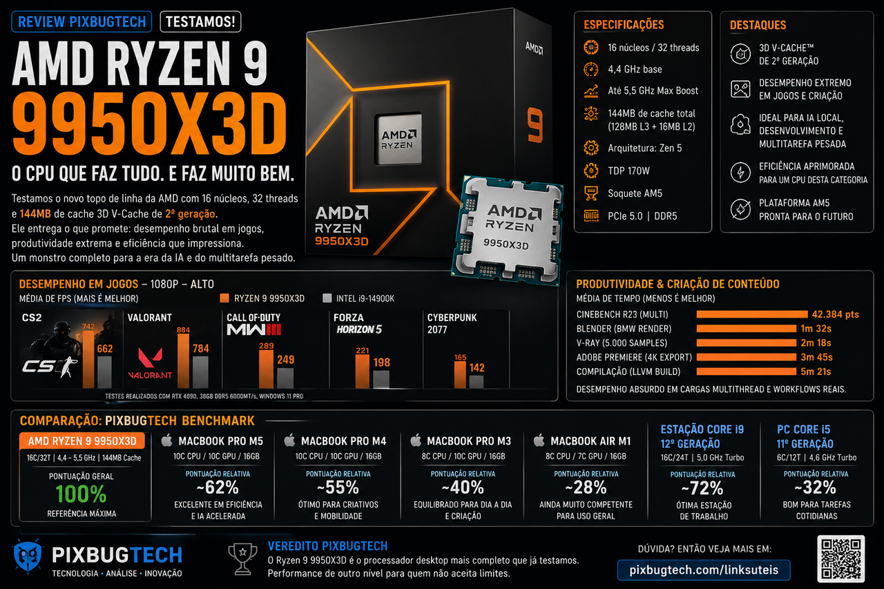 Review PixBugTech: AMD Ryzen 9 9950X3D — O processador que faz você questionar se ainda existe limite para CPUs desktop