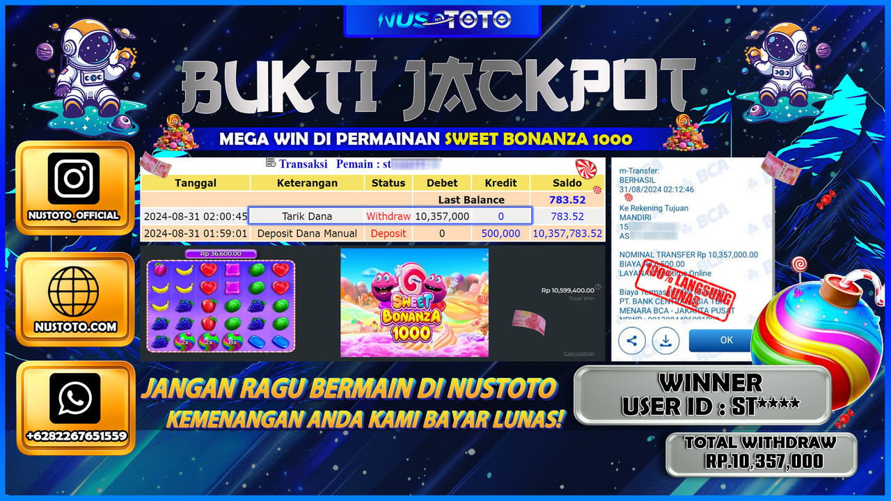 JACKPOT !! MENANG BESAR DI SWET BONANZA 1000 SENILAI Rp.10.357 .000 DIBAYAR LUNAS NUSTOTO !!