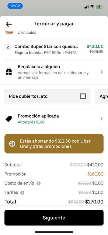 Uber eats: Carl’s Jr | 2 Combos súper star con queso $270 (descuento sobre descuento) siendo Uber One 
