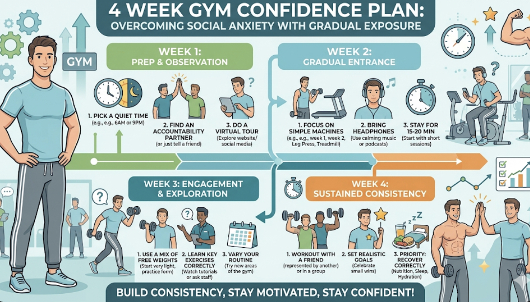 4 week gym confidence plan showing how to start gym without fear and overcome social anxiety gym with gradual exposure