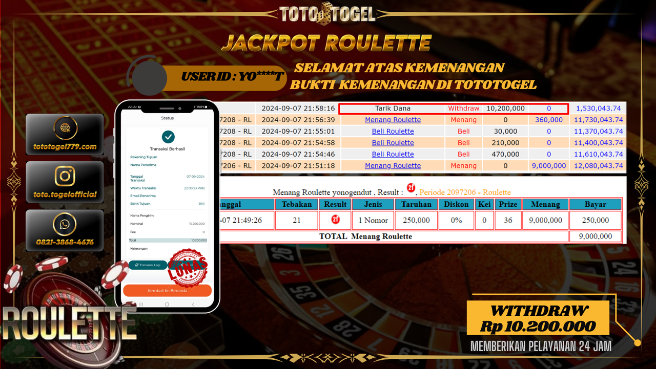 Bukti Kemenangan Permainan Live Game Roulette  Dengan ID : YO****T  Terbayar Lunas!!
