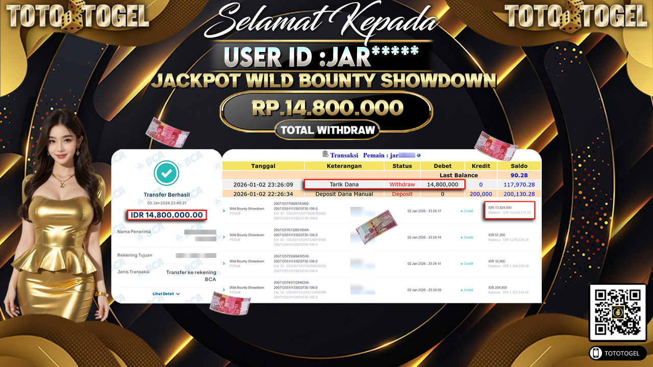 Bukti Pembayaran Jackpot Permainan Slot Wild Bounty Showdown ID:JAR**** LUNAS