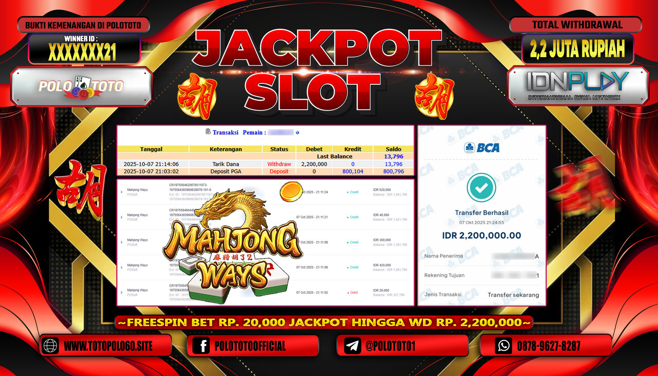 POLOTOTO JACKPOT SLOT MAHJONG WAYS  Rp.2.200.000,- LUNAS