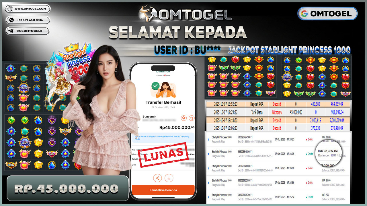 OMTOGEL JACKPOT PRAGMATIC PLAY STARLIGHT PRINCESS 1000 45 JUTA DI BAYAR LUNAS ,-