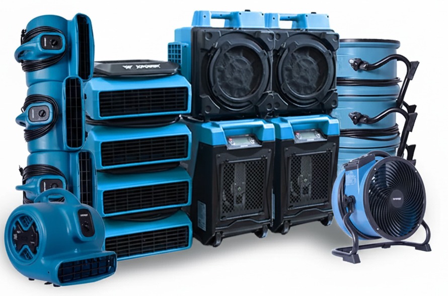 Professional flood and water damage restoration equipment — air movers and dehumidifiers